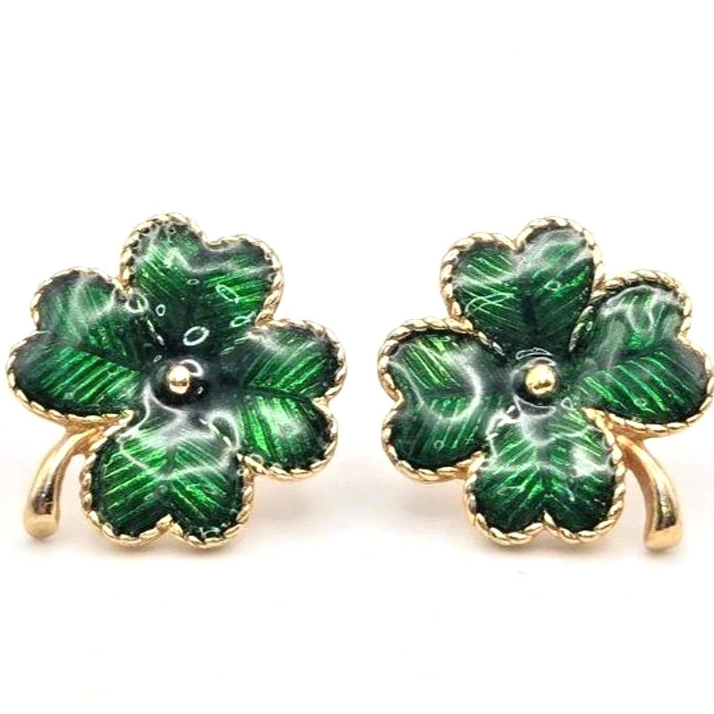 Vintage Avon Goldtone and Green Enamel Four-Leaf Clover Shamrock Post Earrings